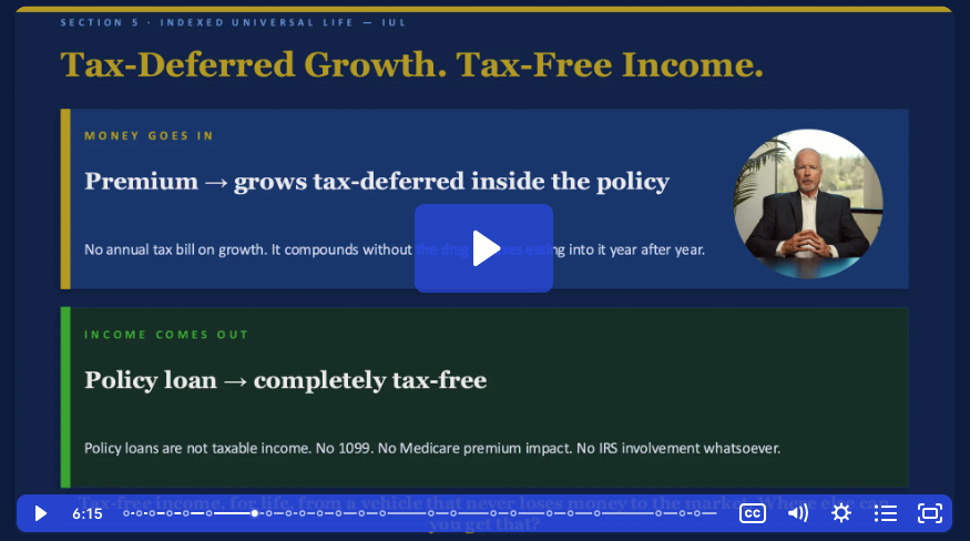 Preview frame from the Insure Your Retirement webinar showing a slide on tax-deferred growth with Johnny presenting